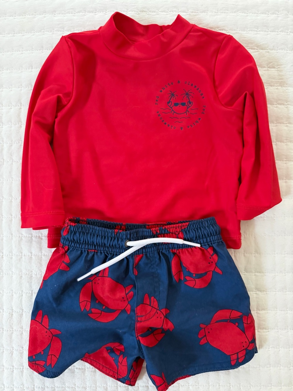 Carter’s Kids Red Rash Guard Set with Crab Print Swim Shorts